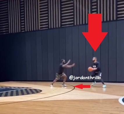 Drake Does the James Harden Step-Back And Hits Three Point Shot Off the Backboard Glass