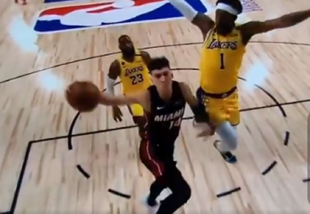 Kentavious Caldwell-Pope KCP Chase Down BLOCKS Tyler Herro Dunk Attempt Like Lebron James in Front of Katya Elise Henry During Game 1 2020 NBA Finals