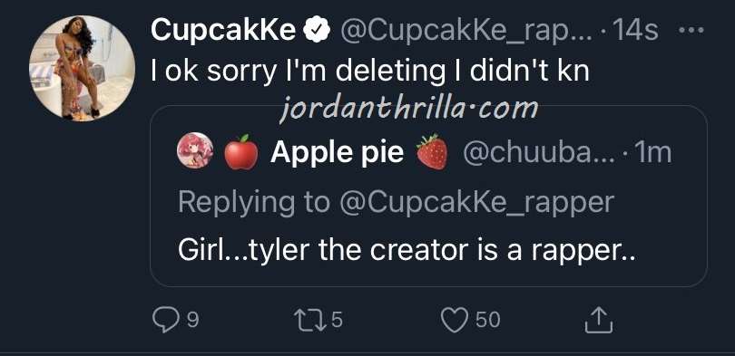 Rapper Cupcakke confusing Tyler the Creator with Tyler Perry in deleted tweet dissing his movies. Cupcakke thinking Tyler Perry changed his name to Tyler the Creator