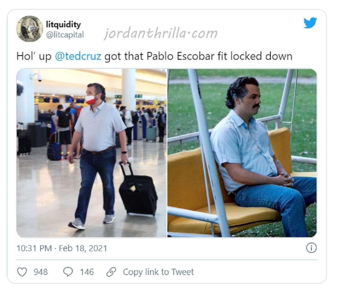 Senator Ted Cruz looking like Pablo Escobar at Airport while returning from Cancun, Mexico to Texas
