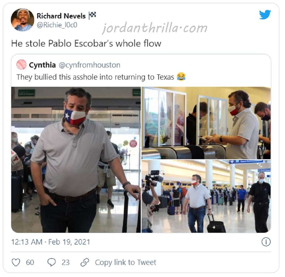 Senator Ted Cruz looking like Pablo Escobar at Airport while returning from Cancun, Mexico to Texas