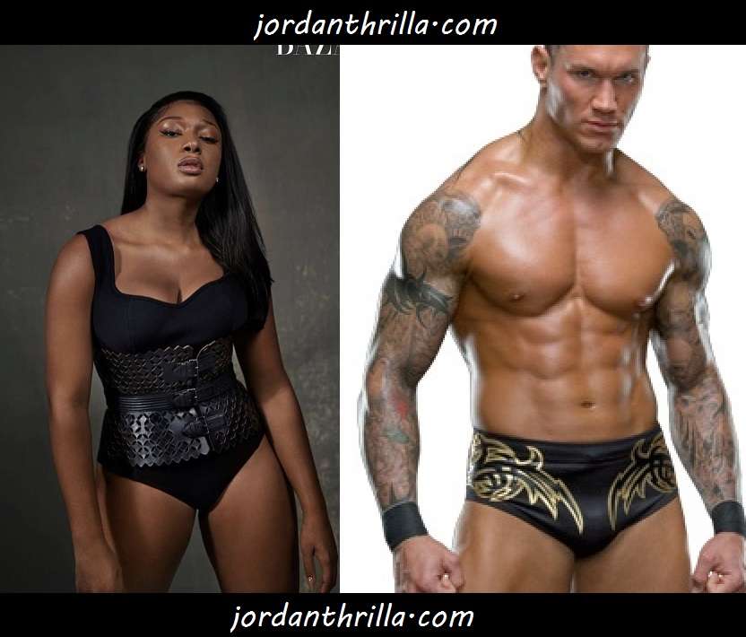Megan Thee Stallion Bazaar Photoshoot compared side by side with Randy Orton WWE Wrestler photoshoot