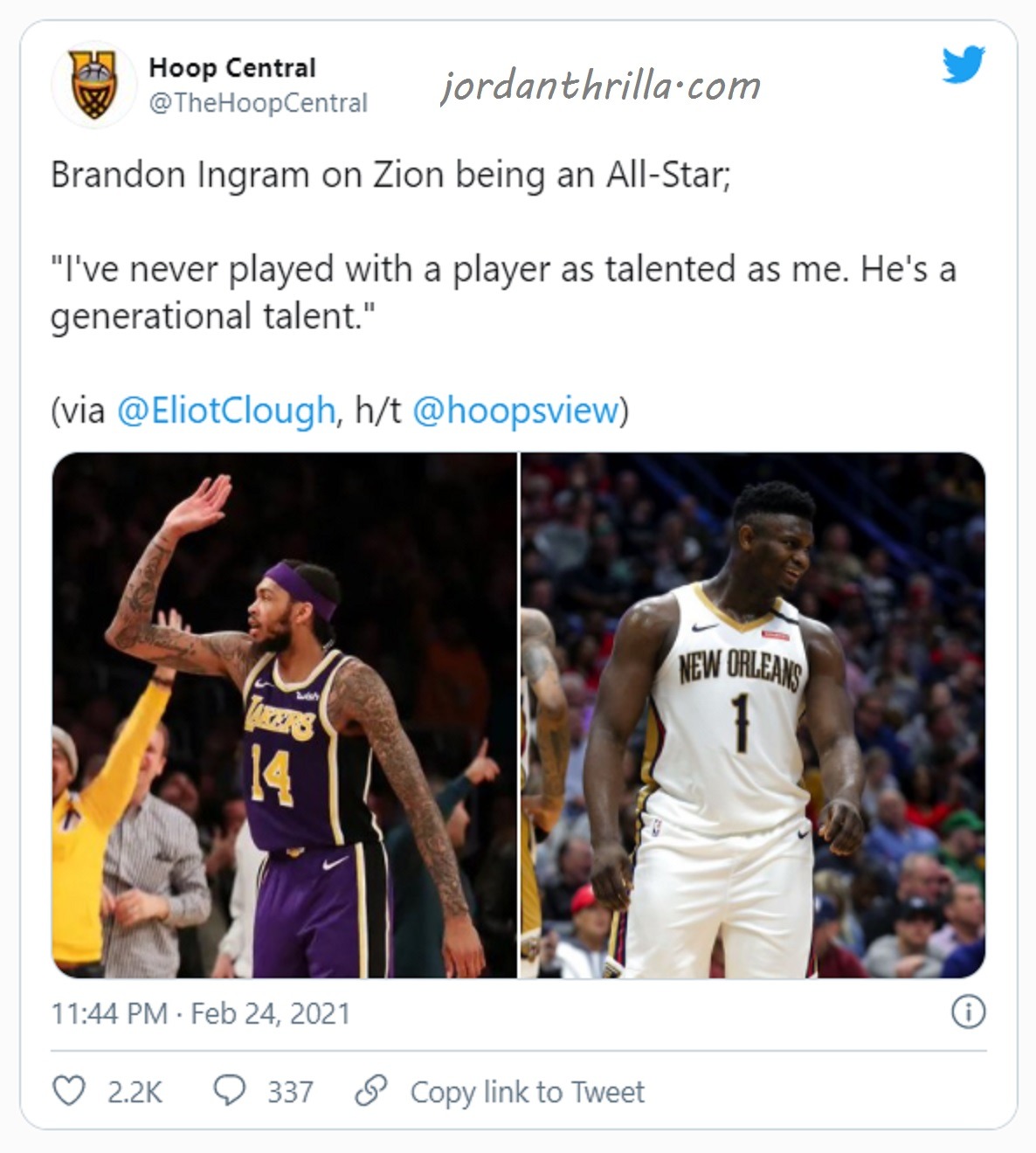 Brandon Ingram dissing Lebron James in reaction to Zion Williamson's All Star selection