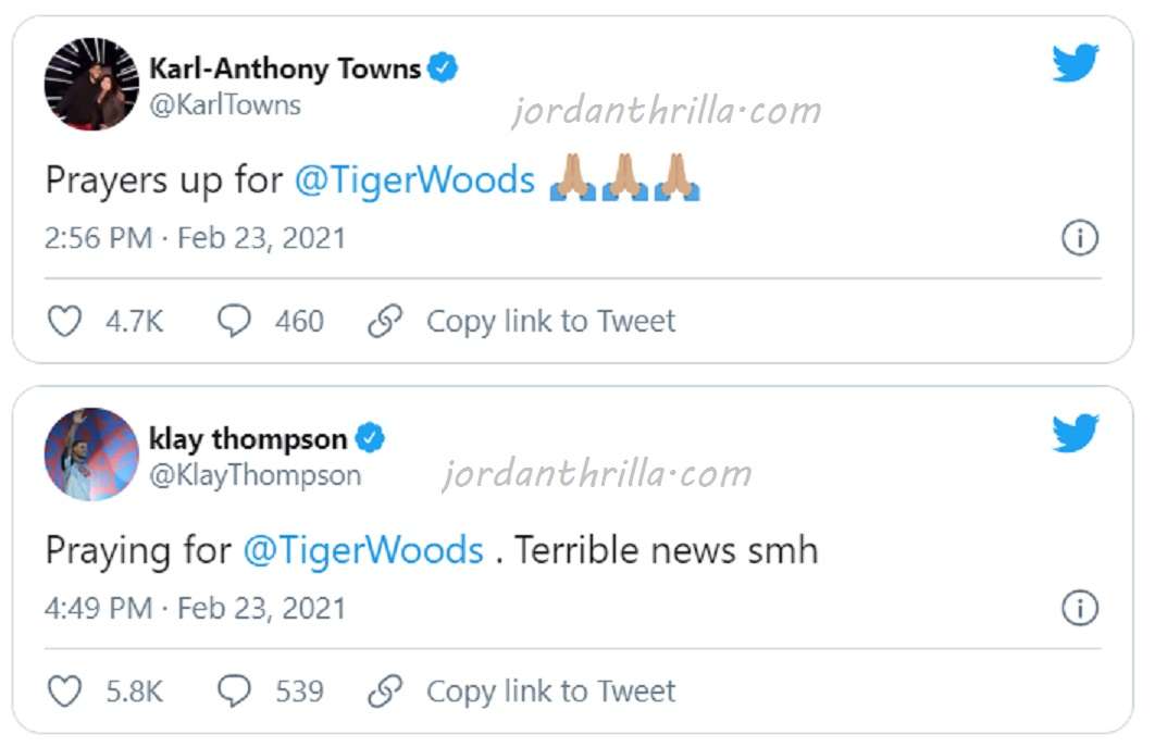 Karl Anthony Towns and Klay Thompson React to Tiger Woods Breaking Both Legs in Major Car Accident