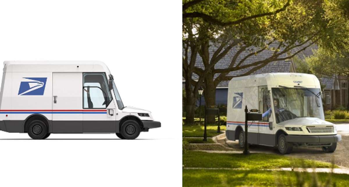 Picture showing United States Postal Company revealing their new Hybrid Electric next gen USPS trucks.