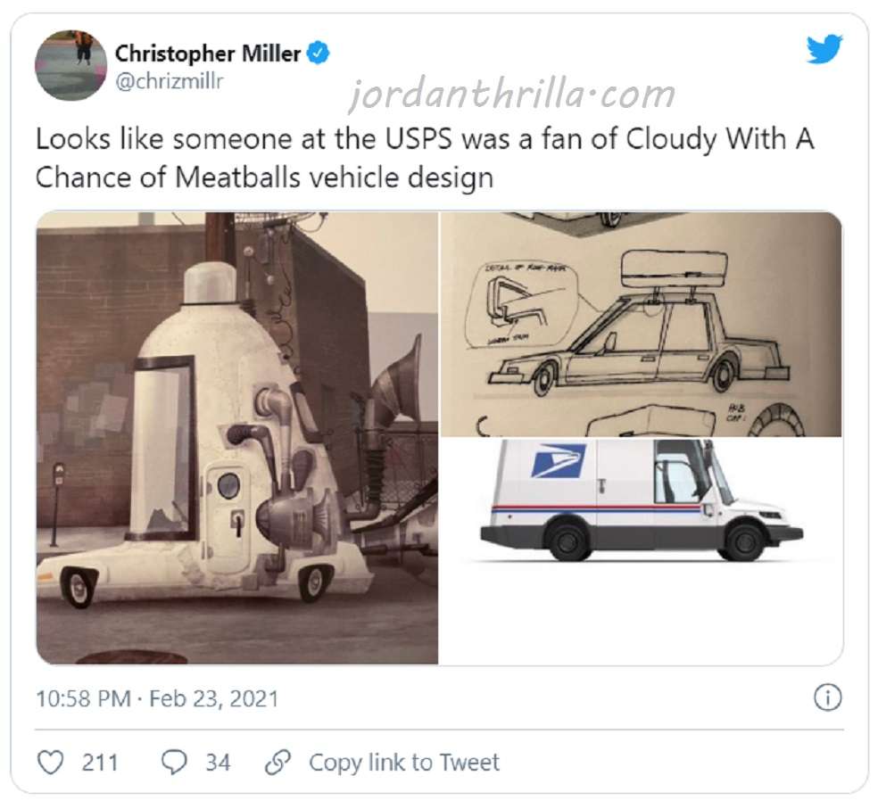 Picture comparing the new Hybrid Electric next gen USPS trucks to "Cloudy with a Chance of Meatballs" Disney car design.