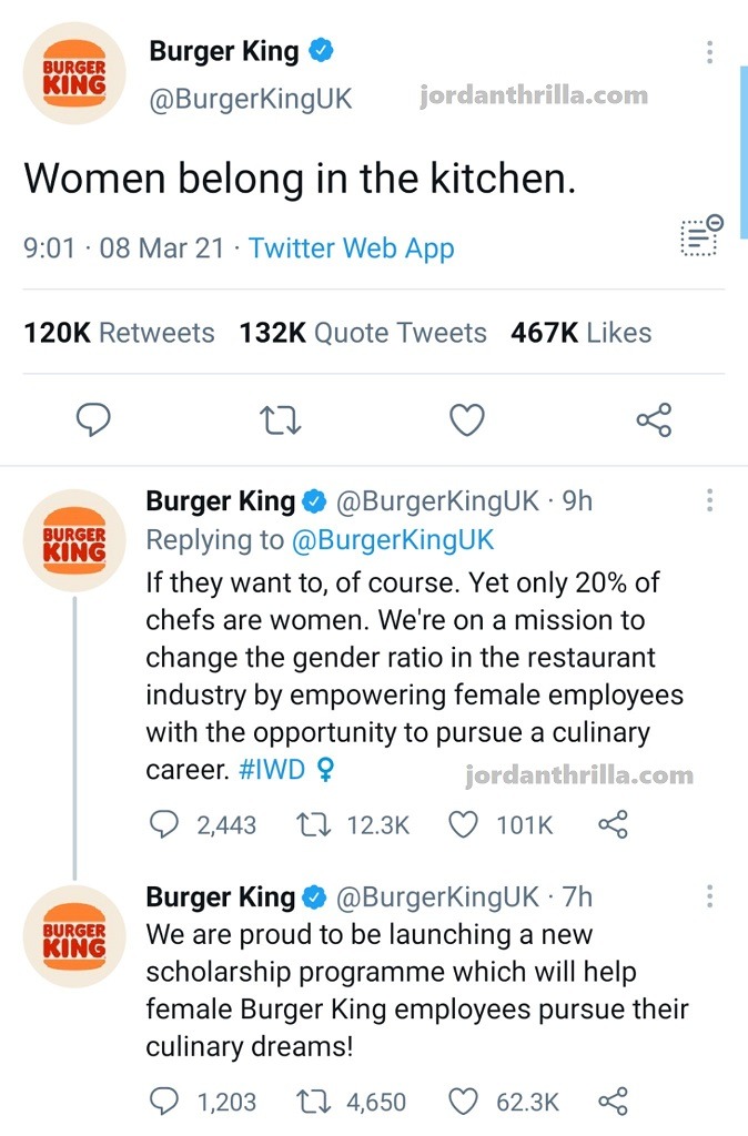 UK Burger King Tweet saying "Women Belong in the Kitchen" and explaining why