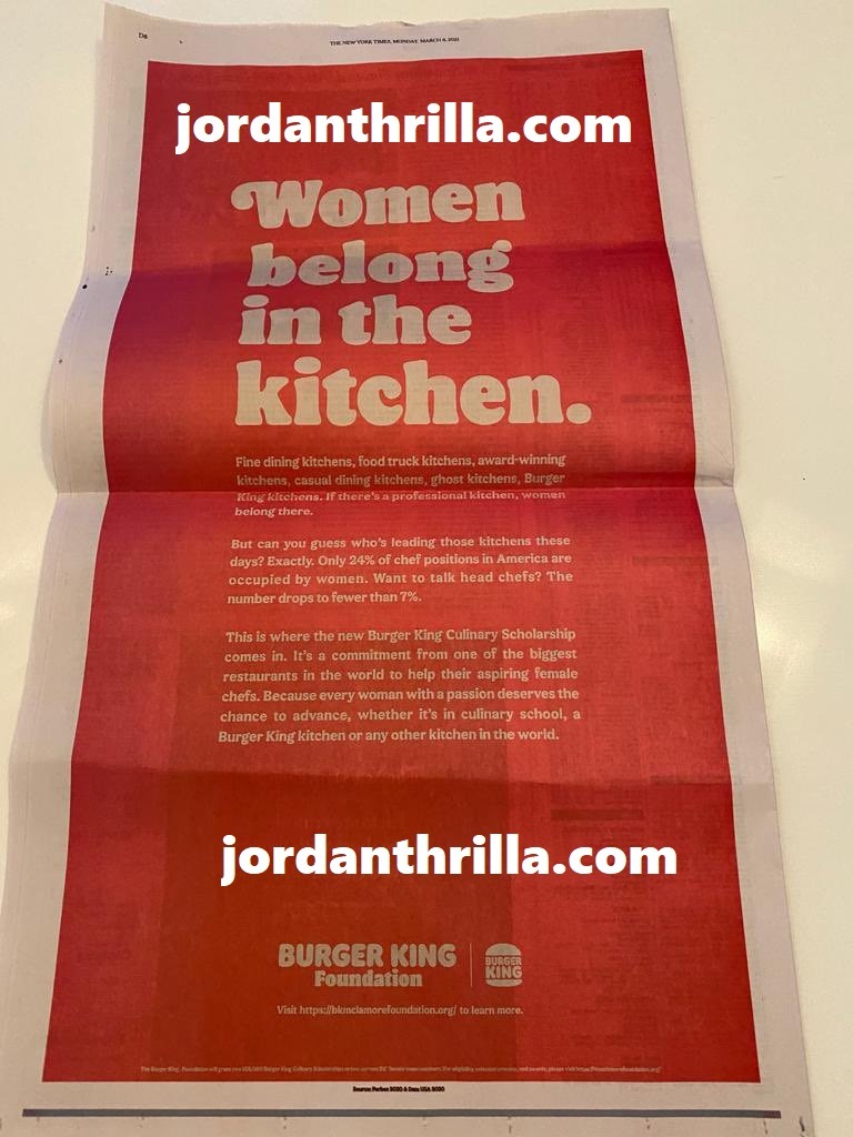 UK Burger King Tweet and newspaper ad saying "Women Belong in the Kitchen" and explaining why