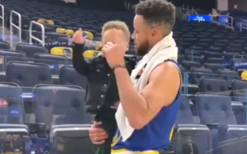 Stephen Curry Makes His Son Cannon Do His Point to Heaven Three Point Celebration After Warriors Defeat Jazz