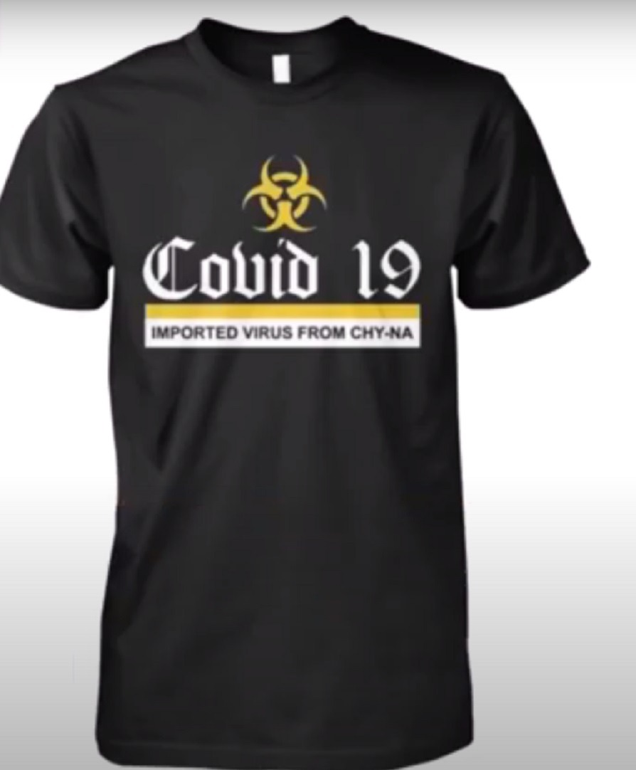 This is the T-Shirt in Atlanta Spa Shooting Police Spokesperson Sheriff Captain Jay Baker Racist Facebook Post About Asians and COVID-19. Picture of "Imported Virus from Chy-na" t-shirt