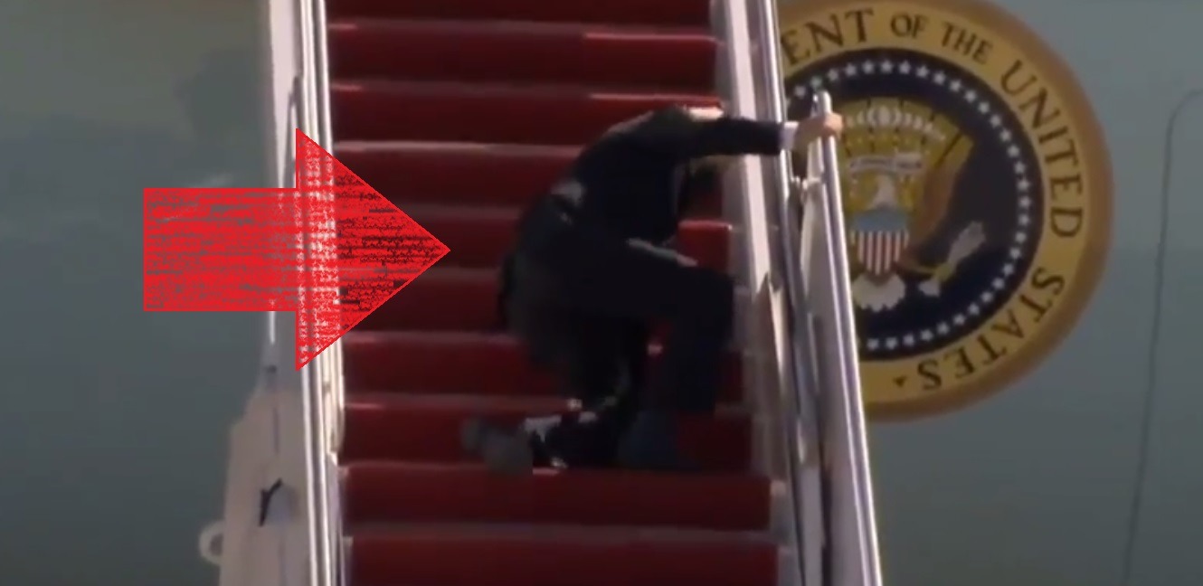 Joe Biden Falls Down Steps of Air Force One Three Times in a Row then Limps Into Plane