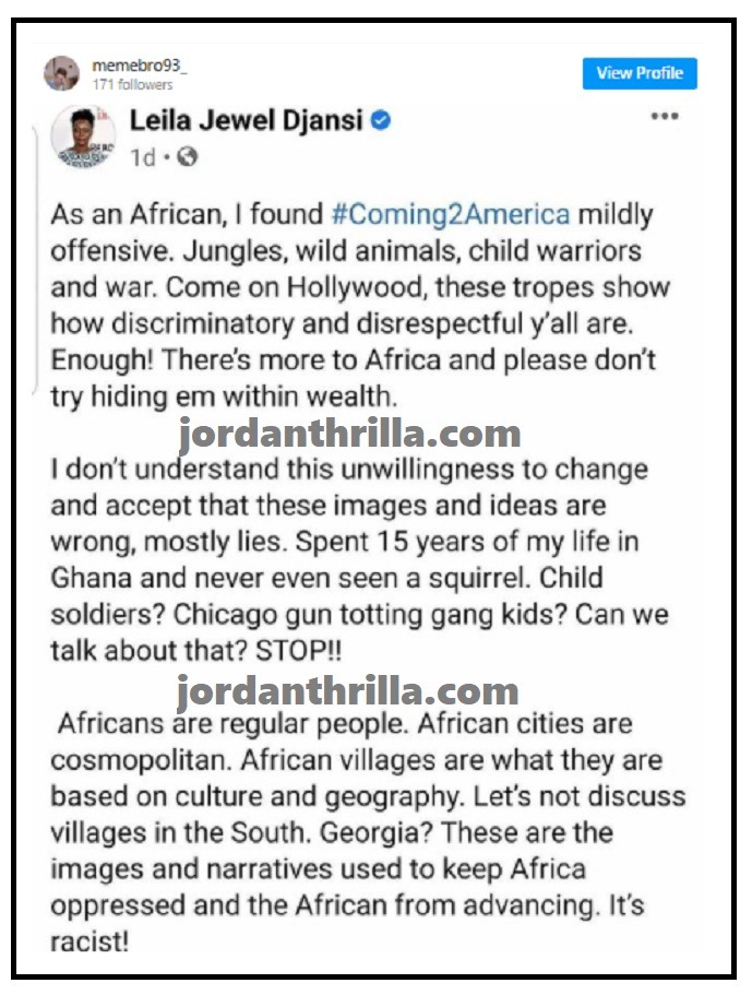 Leila Jewel Djansi Reacts to Racist Africa Stereotypes in Coming 2 America and reveals Africans are offended by coming 2 America