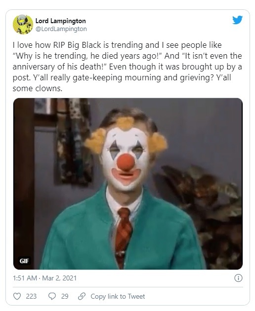 "RIP Big Black" trending in 2021 reaction