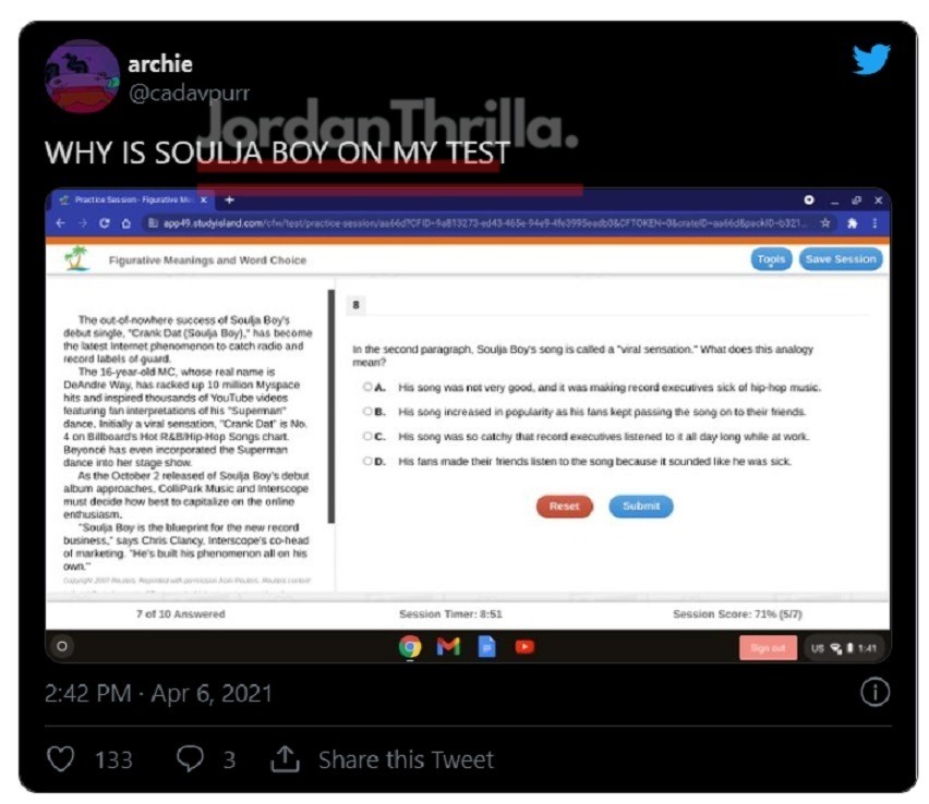 Student Finds Soulja Boy Test Question On High School English Exam