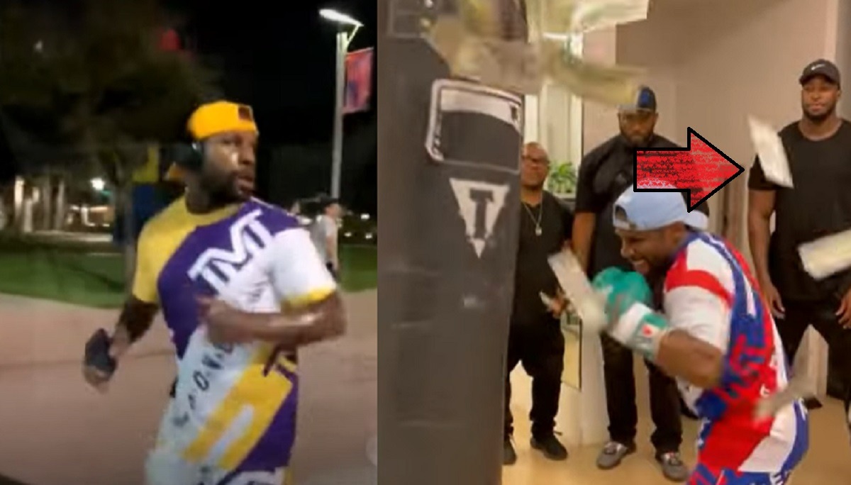 Floyd Mayweather In Gym Training Knocking Money Out Punching Bag Day After Jake Paul Knocked Out Ben Askren