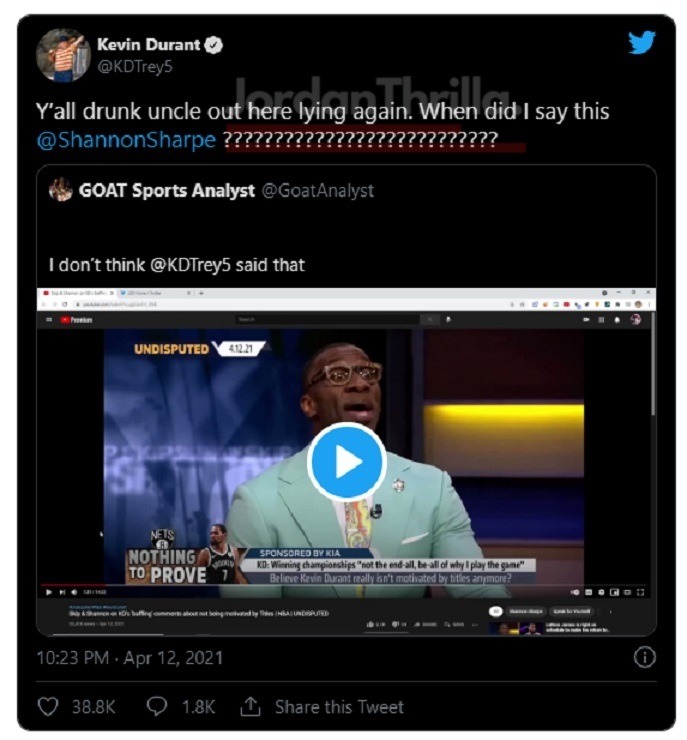 Shannon Sharpe Blocks Kevin Durant on Twitter After He Calls Him a "Drunk Uncle" Over Alleged Fake Lebron Quote