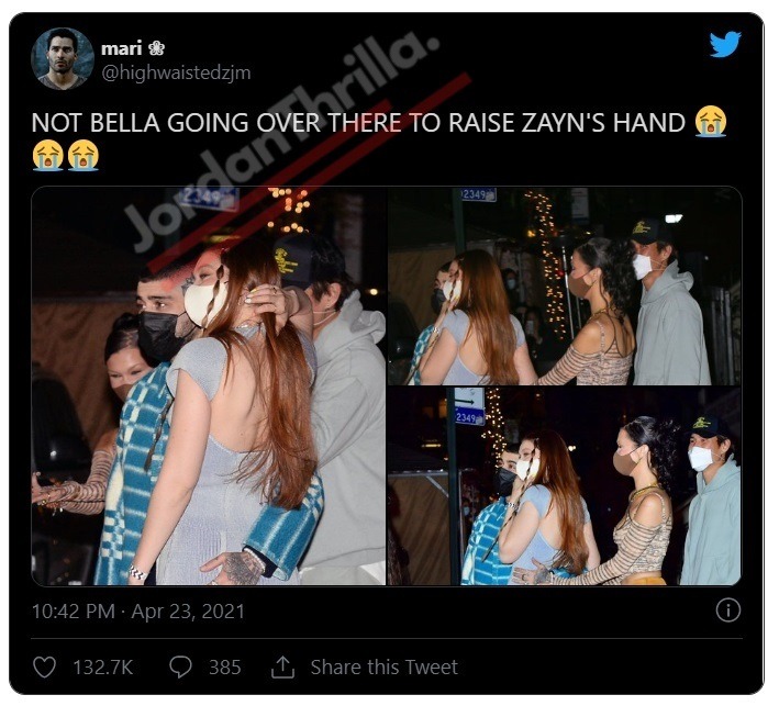 Bella Hadid Catches Zayn Malik Touching Gigi Hadid Butt During Birthday Celebration. The moment Bella Hadid raised Zayn Malik's hand off Gigi Hadid's butt