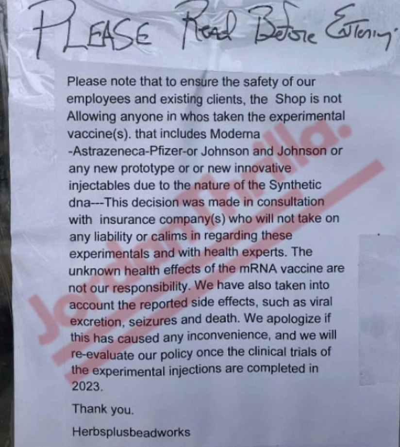 Canadian Store Herb Plus Beadworks Bans People Who Have Taken COVID-19 Vaccine From Shopping at Store