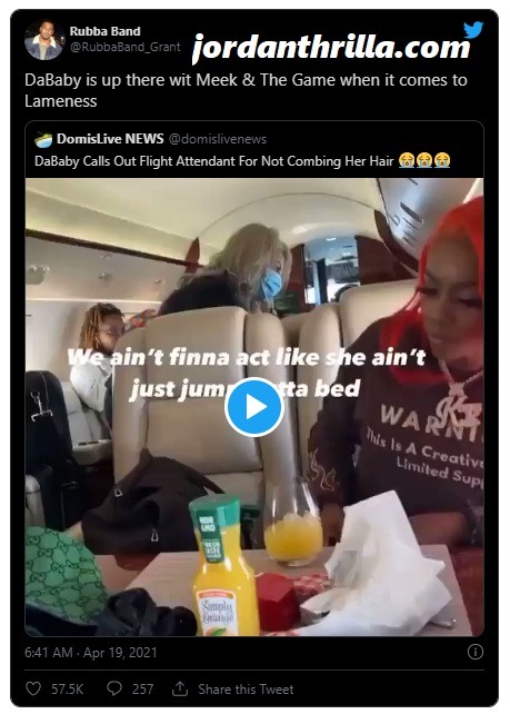 Was DaBaby Out of Line For Telling Flight Attendant to Comb Her Hair? DaBaby Face Backlash for Criticizing Hair on Flight Attendant. People react to DaBaby saying 'comb your hair' to flight attendant