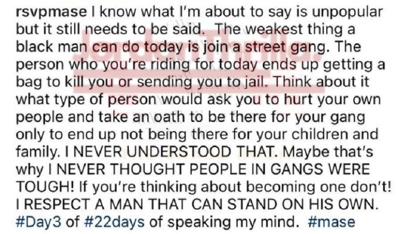 Rapper Mase Disses Gang Members in Emotional Anti-Gang Member Instagram Post