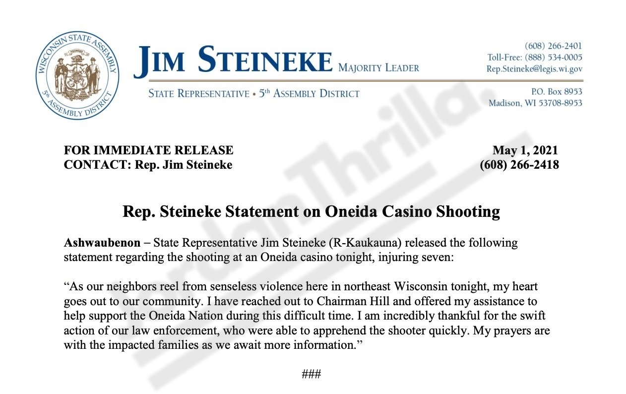 Majority Leader Jim Steineke reacts to Oneida Casino Shooting. Video Footage of Oneida Casino Mass Shooting in Green Bay Brings Their Lax Gun Laws Under Scrutiny