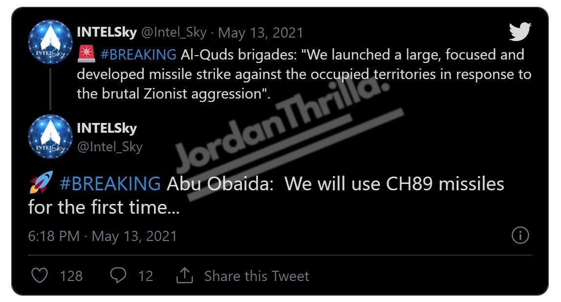 Hamas Threatens to use CH89 Rockets in Next Five Minutes on Occupied Territories