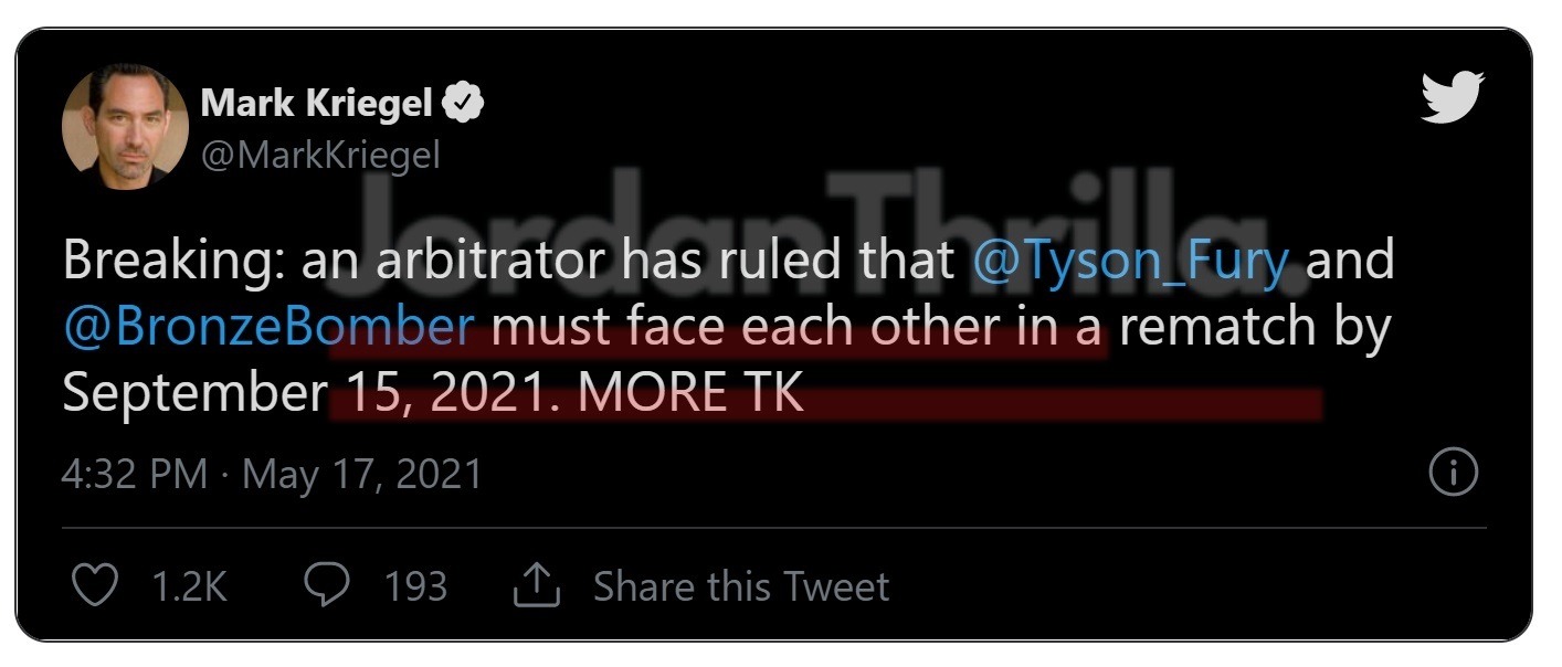 Arbitrator Announces Tyson Fury Cannot Duck Deontay Wilder Putting Upcoming Fight with Anthony Joshua in Jeopardy. Arbitrator ruled that Tyson Fury must fight Deontay Wilder by September 15 per their rematch clause.