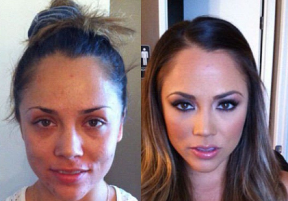 Kristina Rose without makeup vs with makeup.