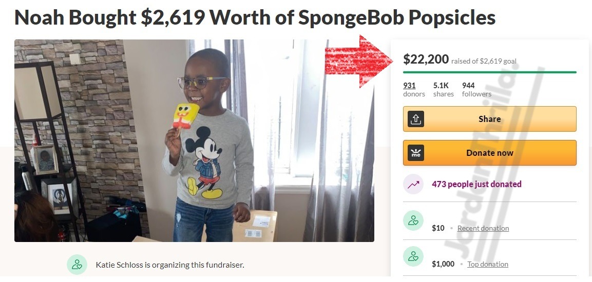 GoFundMe Started For 4 Year Old Noah Bryant Who Bought $3K Worth Of SpongeBob Popsicles From Amazon. Noah Bryant SpongeBob Popsicle GoFundMe.