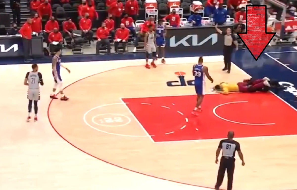 Security Guard Leg Tackles Wizards Fan Who Runs onto Court during Wizards vs Sixers Game 4