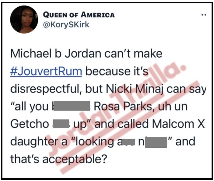 People Expose Nicki Minaj Hypocrisy In Reaction To Michael B. Jordan Changing his J'Ouvert Rum Line Name