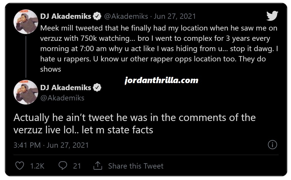 DJ Akademiks Pulls Meek Mill's Card After He Claims To Have DJ Akademiks' Location. DJ Akademiks calls Meek Mill's bluff on social media