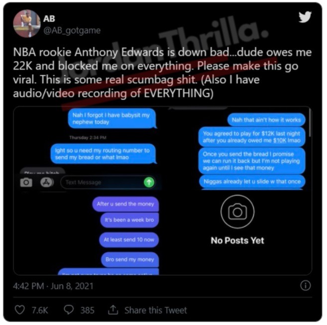 Anthony Edwards Exposed By Pro Madden Player AB For Owing $22K in Unpaid Bets With Leaked Text Messages