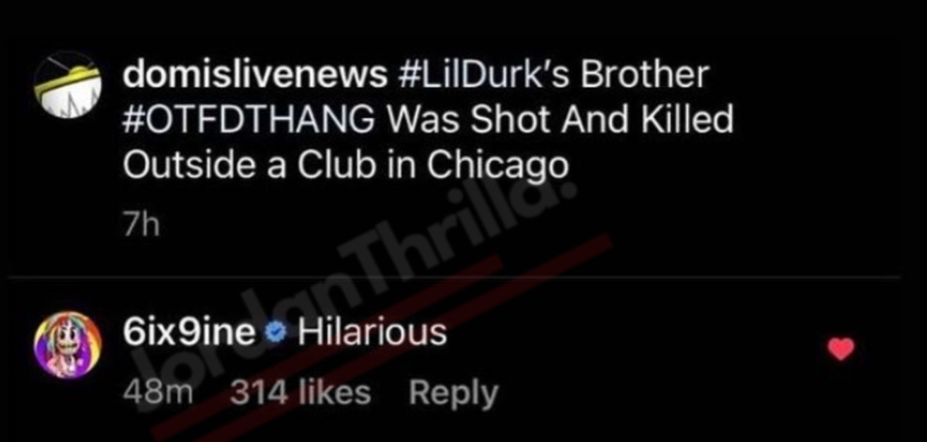 Tekashi 6IX9INE Celebrates Lil Durk Brother DThang Shot Dead Using 'Back In Blood' Lyrics