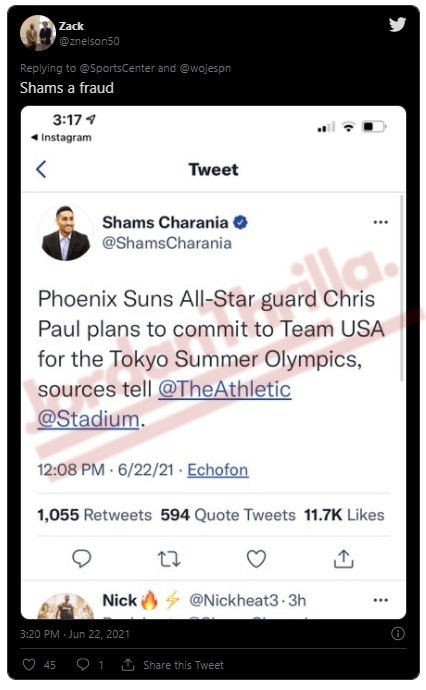 WOJ vs Shams Goes Viral After Shams Charania Tweets Fake News About Chris Paul Committing to Tokyo Olympics. Social media reacts to Shams Charania false Chris Paul story.
