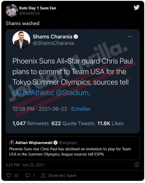 WOJ vs Shams Goes Viral After Shams Charania Tweets Fake News About Chris Paul Committing to Tokyo Olympics. Social media reacts to Shams Charania false Chris Paul story