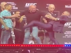 Conor McGregor Kicks Dustin Poirier During Face Off Almost Injuring Him Before T...