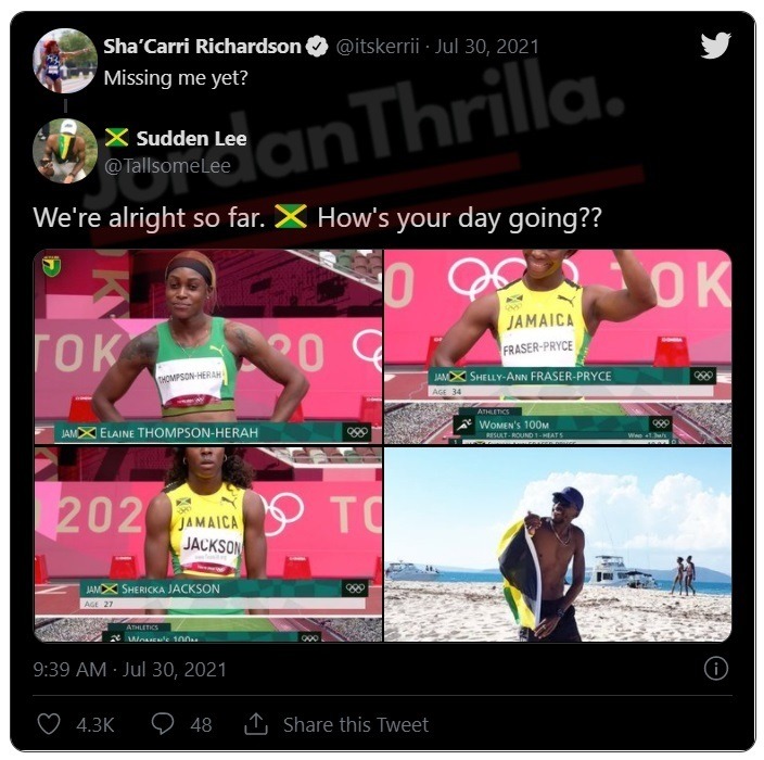 Did Jamaica’s Elaine Thompson-Herah Diss Sha'Carri Richardson During Interview at Tokyo Olympics? Elaine Thompson-Herah says 'no comment' in response to Sha'Carri Richardson saying 'miss me yet'