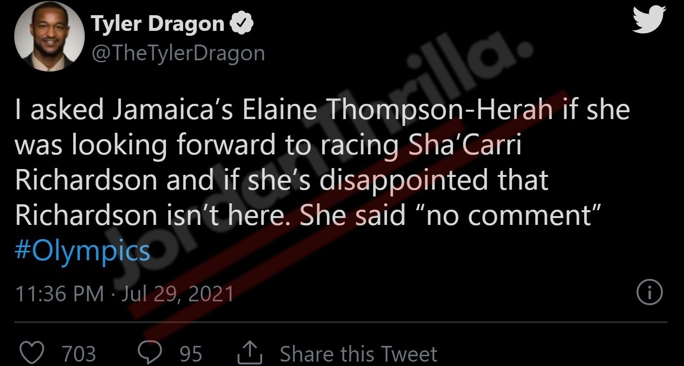 Did Jamaica’s Elaine Thompson-Herah Diss Sha'Carri Richardson During Interview at Tokyo Olympics? Elaine Thompson-Herah says 'no comment' in response to Sha'Carri Richardson saying 'miss me yet'