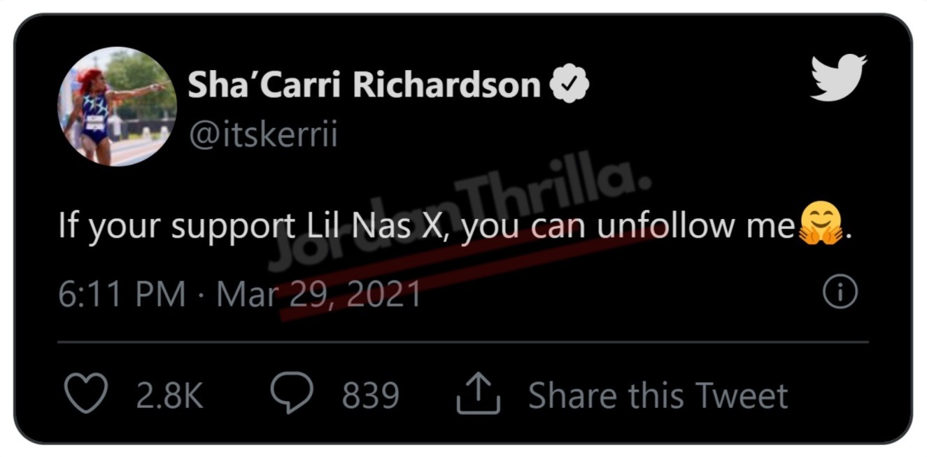 If Sha'carri Richardson is Gay Why Doesn't She Like Lil Nas X? Sha'carri Richardson Lil Nas X tweet