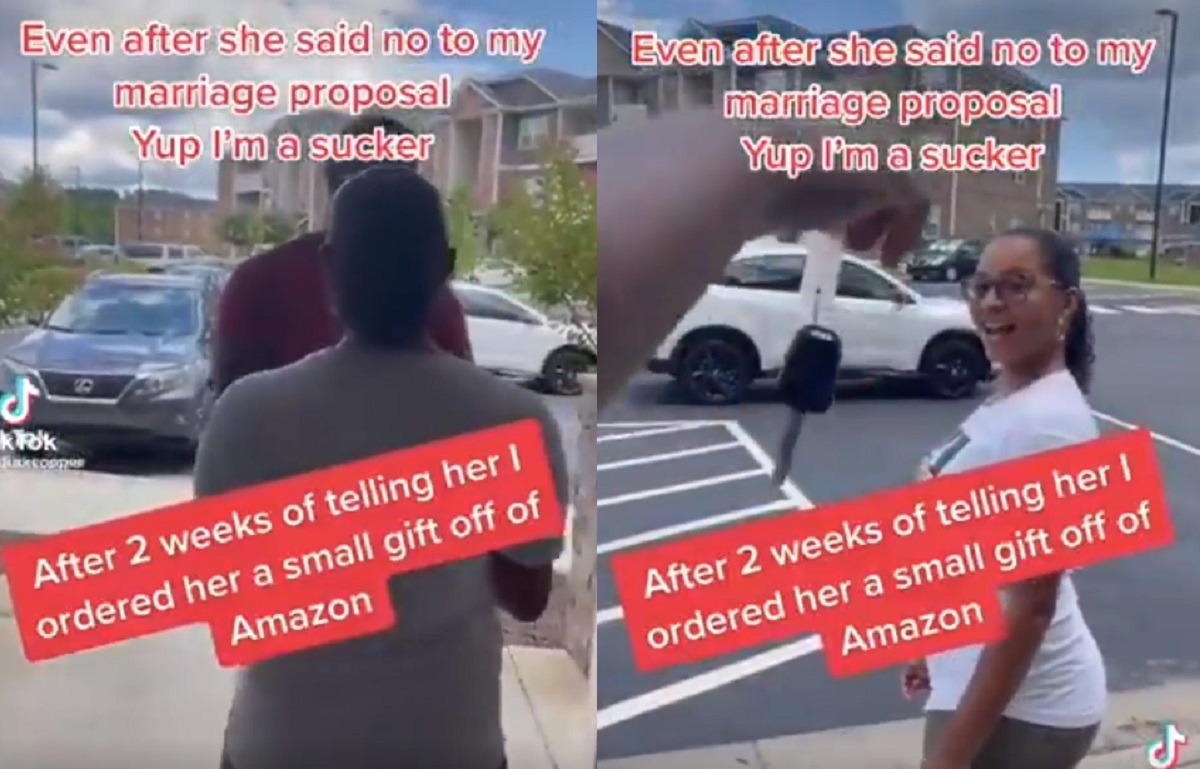 Man Buys Girlfriend Who Refused to Marry Him a New Car as Gift in Viral Video. Man buy girlfriend a new car after she said no to marriage proposal