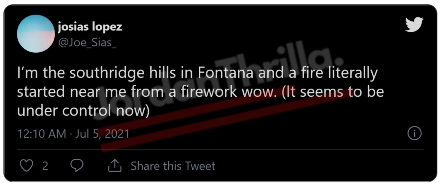South Fontana Fireworks War Zone Starts Fire In Southridge Hills on July 4th