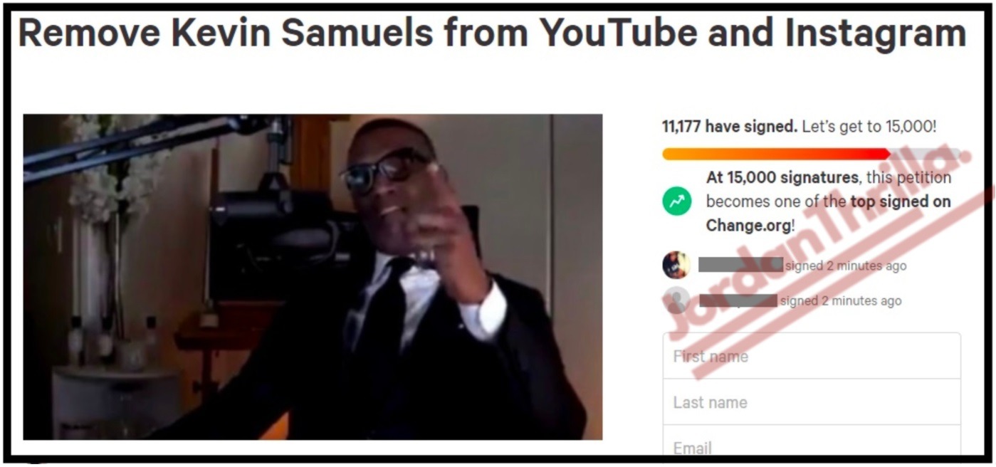 Women Start Change.Org Petition to Ban Kevin Samuels from YouTube and Instagram, 'Remove Kevin Samuels from YouTube and Instagram" Change.org petition screenshot