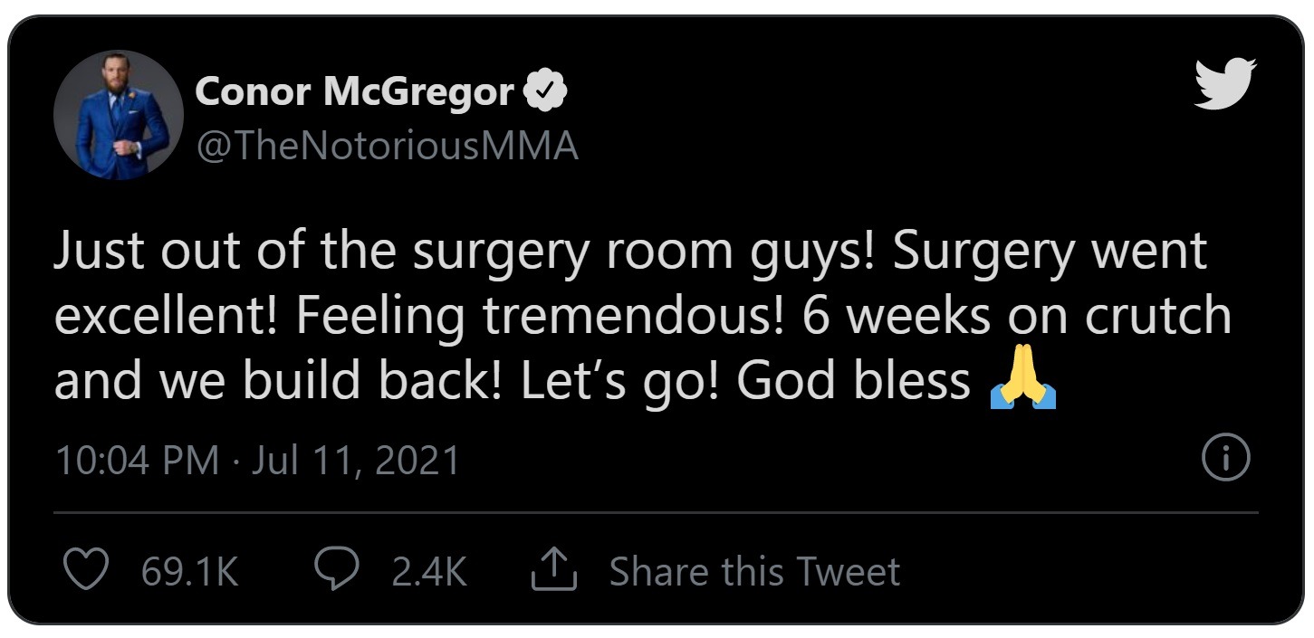 Conor McGregor Post First Hospital Video After Leg Surgery Calls Dustin Poirier an Illegitimate Winner