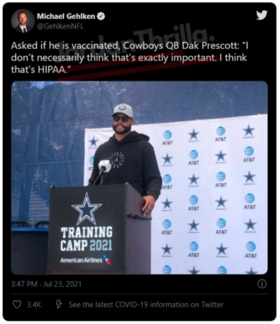 Is Dak Prescott an Anti-Vaxxer? People React to Dak Prescott 'That's HIPAA' Response to COVID-19 Vaccine Question