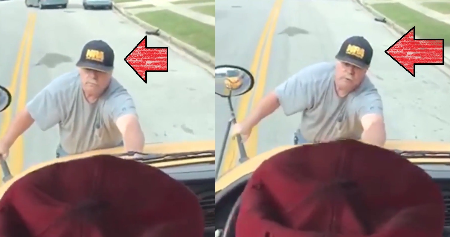 NRA Hat Wearing Man Jumps on Hood of Moving School Bus After Kid Throws Water Bottle at His Car in Parkville Maryland