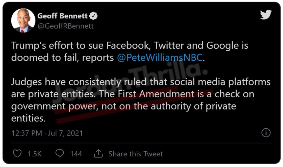 Here is Why Experts Think Donald Trump's First Amendment Class Action Lawsuit against Twitter, Google, and Facebook Will Fail
