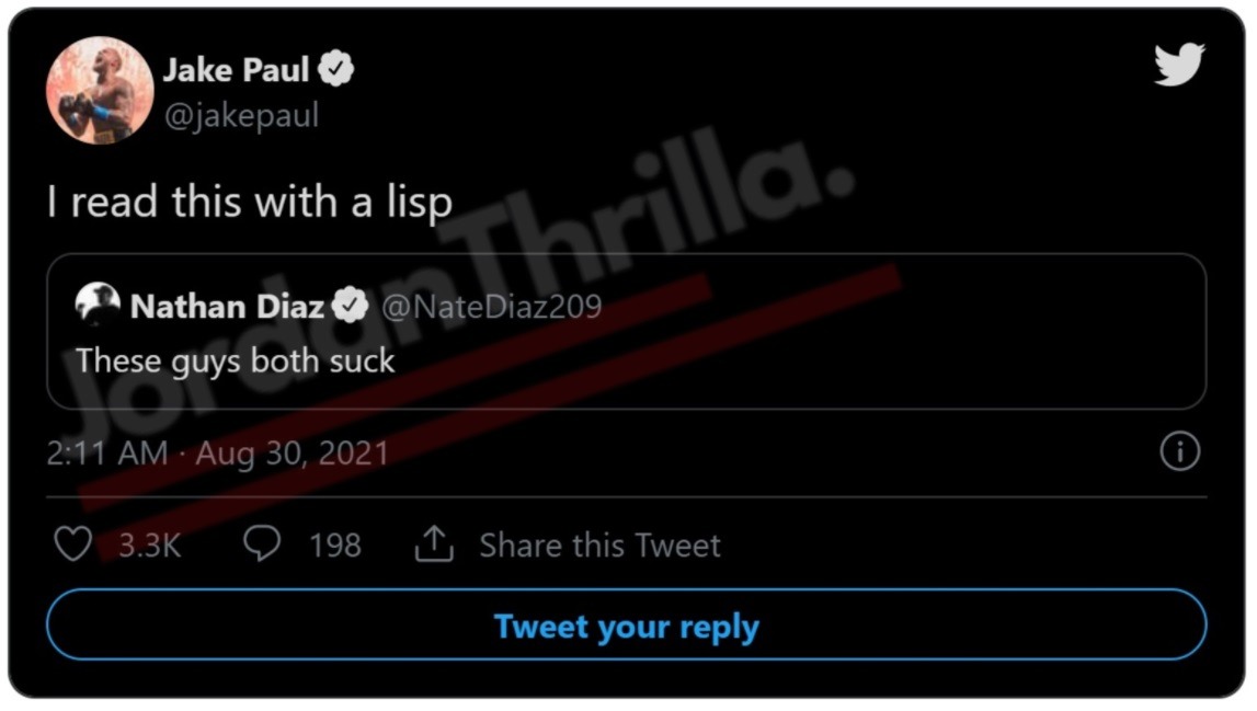 Jake Paul Clowns Nathan Diaz Lisp and Reacts to Lebron James 'Cleveland is Jumping' Tweet After Defeating Tyron Woodley Split Decision. Jack Paul says 'wtf is life' to Lebron James. Jake Paul says "I read that with a lisp" to Nathan Diaz. Jake Paul posts "who's next" on twitter after beating Tyron Woodley