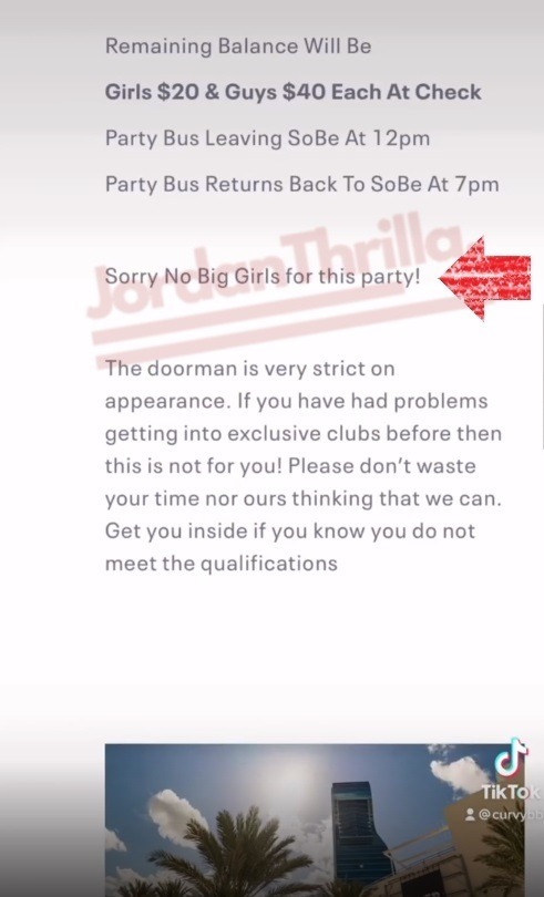 Plus Size Woman Denied Entry to Party Bus Exposes Spring Break Miami Party Service 'No Fat Girls Allowed' Eventbrite Posting. Fat woman Fallon Melillo denied entry to Miami party bus.