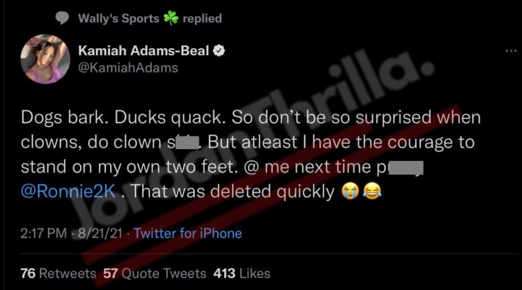 Ronnie 2K Disses Bradley Beal Wife Kamiah Adams in Deleted Tweet Then She Responds With Ether. Bradley Beal wife calls Ronnie 2k a clown.